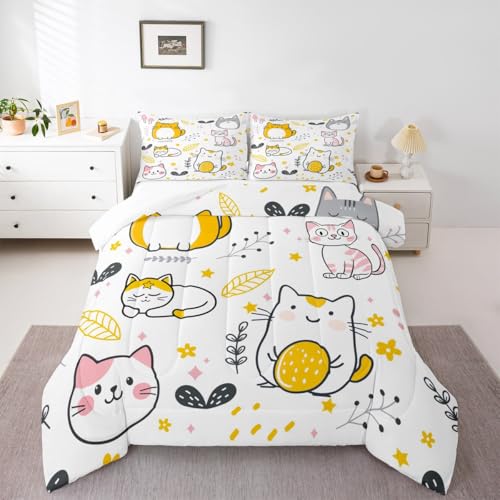 Image of Feelyou Cute Kitten Twin Comforter Set, Kawaii Pet Cats Cartoon Comforter Set for Kids, Girls, Cat Lover's Animal Themed Duvet Set, Microfiber Quilt Set