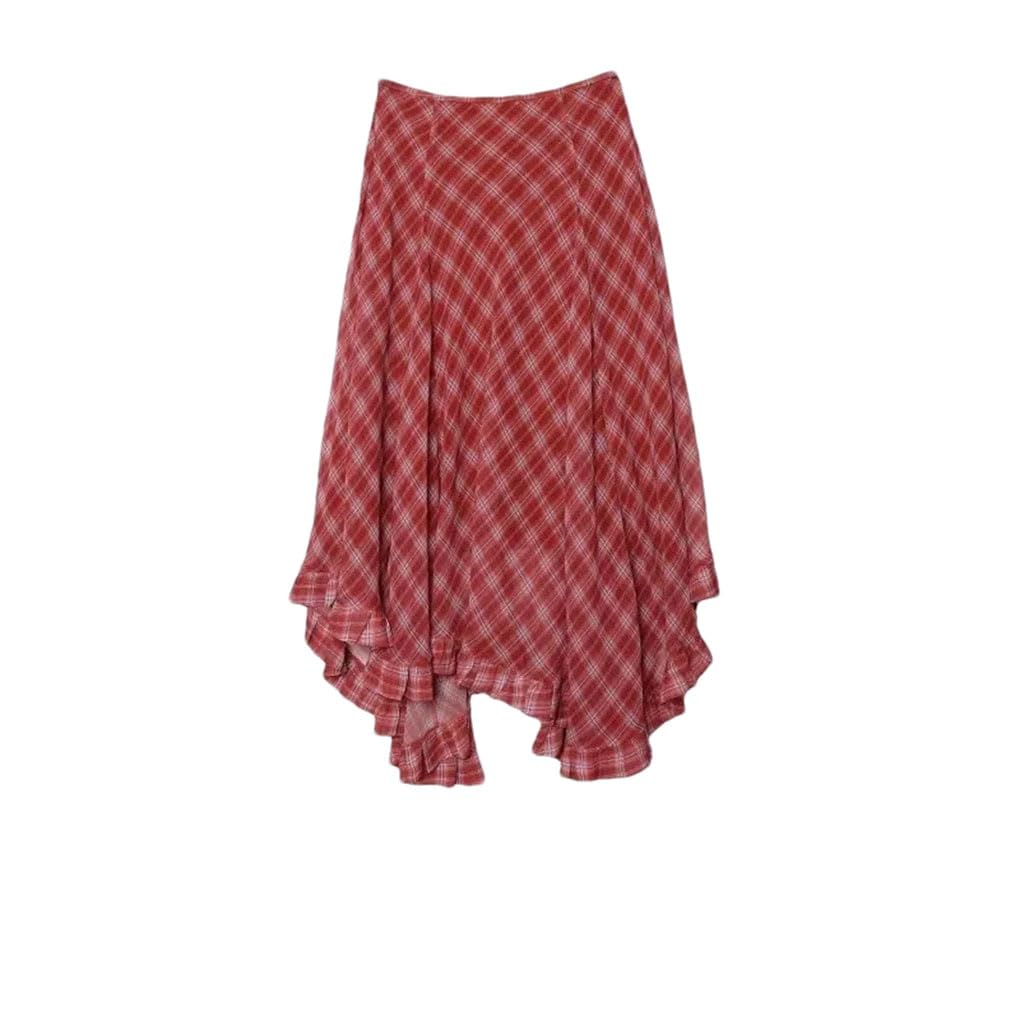 Womens Retro Plaid Asymmetrical Hem Ruffle Midi Skirt