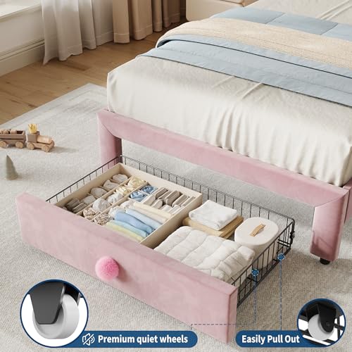 GarveeHome Upholstered Twin Bed Frame with Storage Drawer & Scallop Headboard, Princess Twin Size Platform Bed Frames for Kids Girls, Wooden Slats Support, No Box Spring Needed, Pink/White