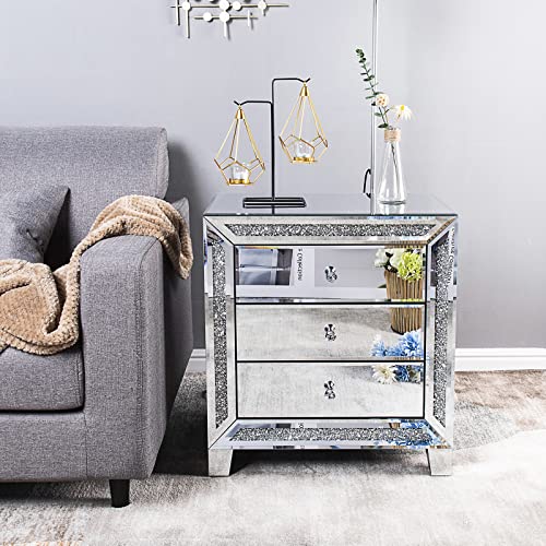 Image of VINGLI Mirrored Nightstands Set of 2, 23 inch W Glass Mirror Night Stand Set of 2, Modern Bedside Table 3 Drawer Glass Side End Table Silver Dresser for Bedroom, 23 inchW x 13.8 inchD x 24.8 inchH