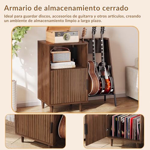 Miniatura 5 de Mueble Para Tocadiscos Y Vinilos De Madera - Armario Para Tocadiscos Y Vinilos, Mueble Hi-Fi Vintage Mid-Century Con Soporte Para 3 Guitarras, Estantería Guarda Discos Para Salón Y Dormitorio