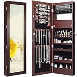 Giantex LED Jewelry Cabinet Wall Mounted Door Hanging, Lockable Jewelry Armoire with 47.2'' Full Length Mirror, Foldable Makeup Tray, Lipstick Brush Holders, Jewelry Storage Organizer (Brown)