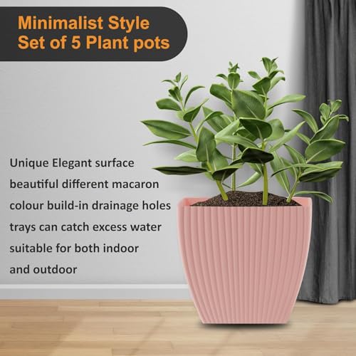 Image of ELUVIA 7-inch Square Planters with Saucers (Set of 5) - Modern Fluted Flower Pots with Drainage Holes and Trays - Premium Plastic Indoor Outdoor Plant Pots for Succulents, Flowers (Pink)