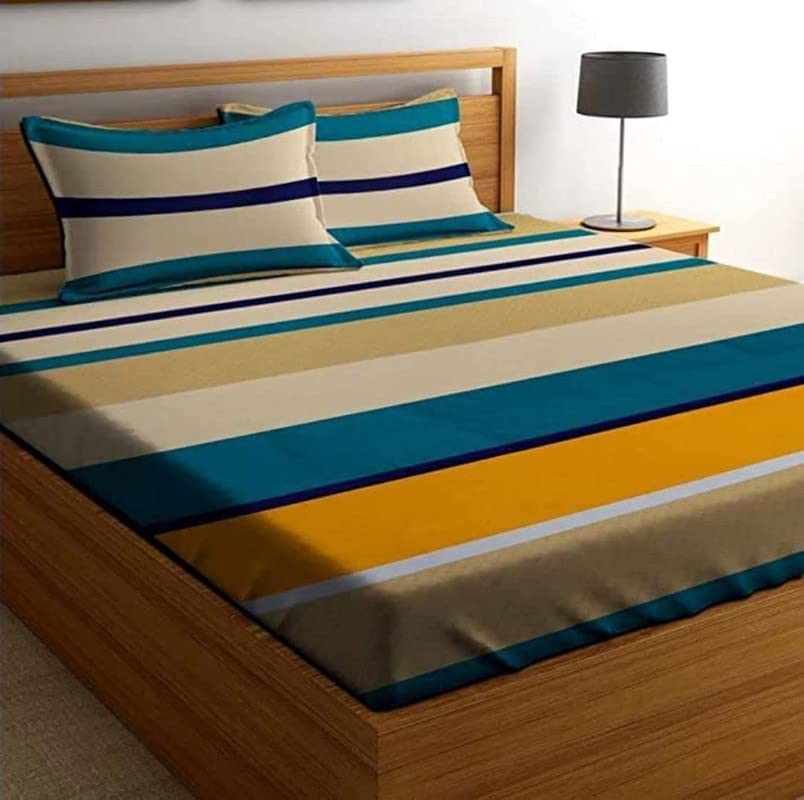 NHD HOME Premium Cotton Feel Polycotton Elastic Fitted King Size Double Bedsheets with 2 Pillow Covers | All Around Elastic 210 TC Super Soft | Size - 72 King Size x 78+10 inches | Yellow-Stripe (B0BRYWSG4N) Amazon Price History, Amazon Price Tracker