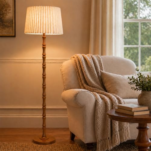 Image of Real Wood Floor Lamp with Dual Lampshades, Sculptural Spindle Standing Lamp with Foot Switch, Modern Farmhouse Dimmable Floor Lamp for Living Room, Bedroom, Reading Corner & Cozy Home Decor