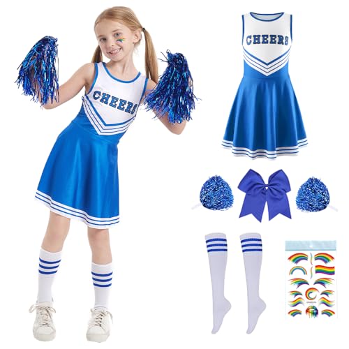 PASLFC Disfraz de animadora para niños, disfraz de animadora, vestido de uniforme de animadora, disfraz infantil con calcetines de pompones, disfraz infantil de animadora, para carnaval, Halloween,