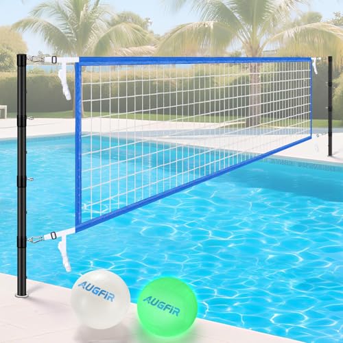 AugFir Inground Pool Volleyball Net Set, Adjustable Length & Height Pool Volleyball Net, Compatible with 3 Universal Ground-Mounted Bases, Includes 2 Glow-in-the-Dark Inflatable Pool Volleyballs