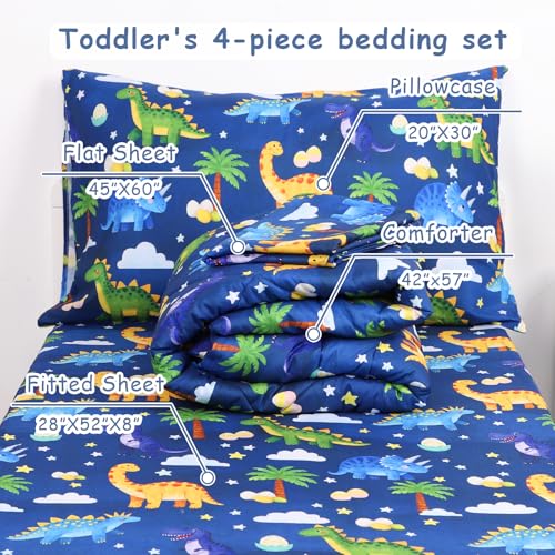 Image of Hooyax Toddler Bedding Set for Boys - 4 Piece Dinosaur Toddler Comforter Set Includes Fitted Sheet, Comforter, Pillowcase & Flat Sheet - Soft Comfort Microfiber for All Seasons
