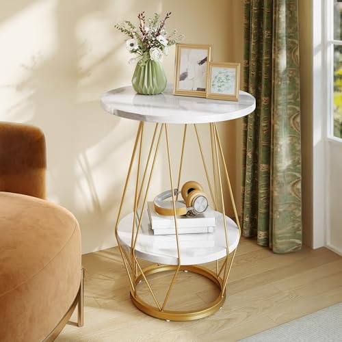 DWVO 2PCS Gold End Table, Modern Round Side Table with 2-Tier Storage Sheld, Small Sofa Table Coffee Table with Faux Marble Top for Living Room, Bedroom, White & Gold