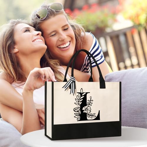 Image of Tecanne Personalized Initial Canvas Tote Bag, Suitable for Birthday, Wedding, Beach, Holiday, Gifts for Women, Mom, Teachers, Nurses, Best Friends, Bridesmaids (L)