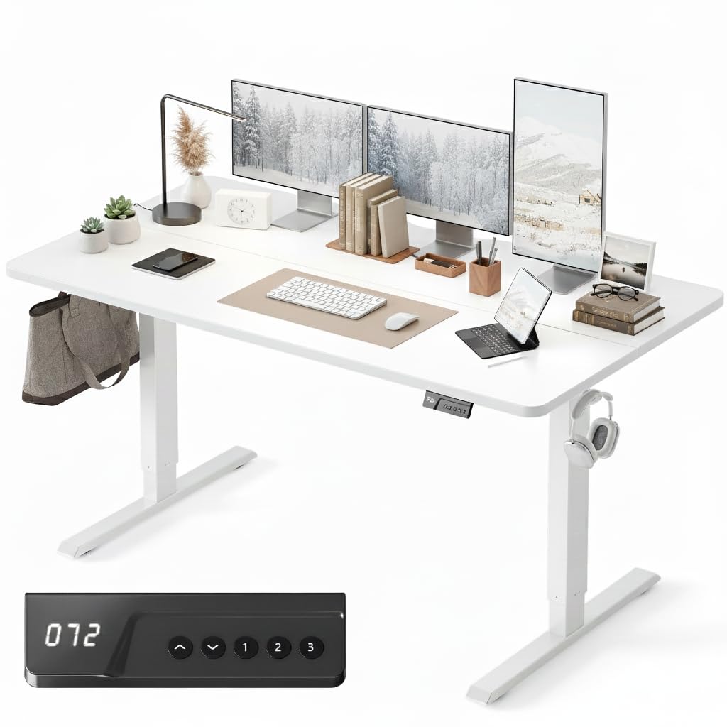 FEZIBO Electric Standing Desk 160 x 80 cm, Height Adjustable Sit Stand Desk with 3 Memory Presets, Home Office Computer Desk, White Frame with White Top — image 1