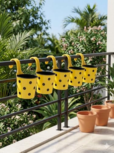 Image of Premium Hook Planter with Inner Pot | Polka Dot Hanging Planter for Balcony & Railings | Sturdy Plastic | Built-in Drainage | Vibrant Colours | Indoor & Outdoor Gardening (5, Yellow)