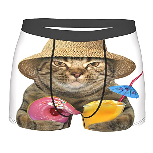 LALLRI Summer Funny Cat With Drink Donuts Men's Boxer Briefs Breathable Comfortable Soft Stretch Trunks Underwear (28"-42")