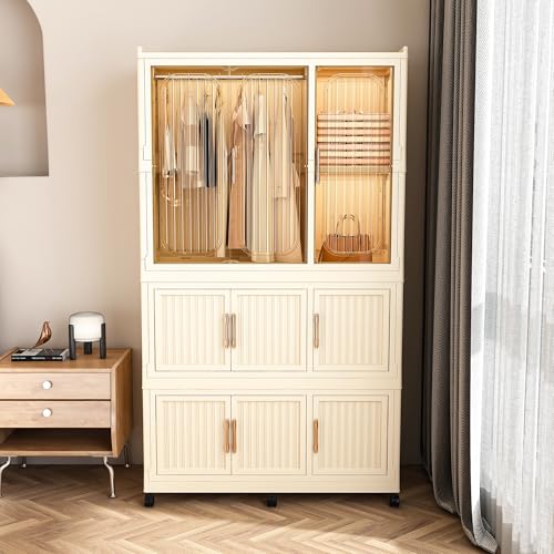 Image of Runboll Kids Portable Wardrobe Closet Organizer with Magnetic Doors, 8 Cubes & 1 Hanging Rod, 6 PCS Hangers, Children's Plastic Wardrobe Closet for Bedroom Storage, Large Storage Cabinet