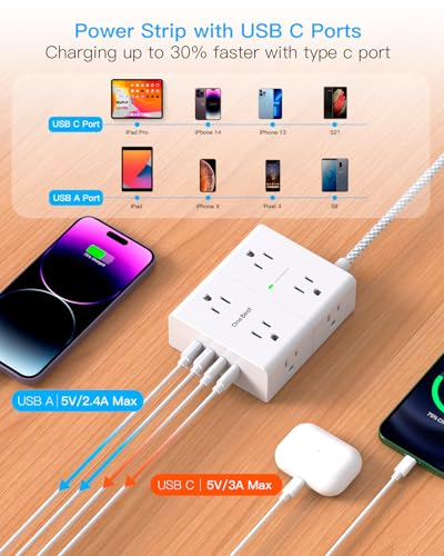 Image of 10 Ft Flat Plug Extension Cord with Multiple Outlets, Surge Protector Power Strip 10 Ft Long Cord, 8 Outlet 4 USB Ports (2 USB C), Multi Outlet Wall Plug for Office, College, Dorm Room Essentials