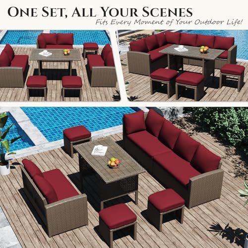 Image of U-MAX 7 Pieces Patio Furniture Set with Waterproof Cover, Outdoor Sectional Sofa Conversation Set, All Weather Wicker Rattan Dining Table & Chair with Ottoman, Brown Rattan&Wine Red Cushion