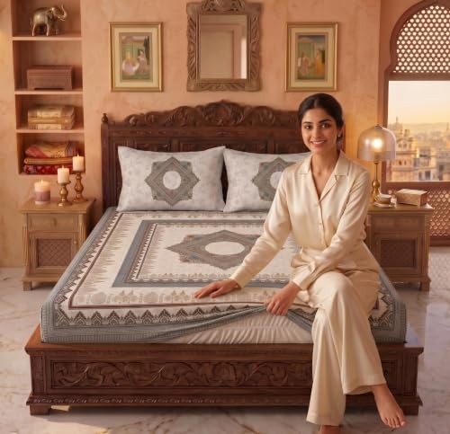 Image of VAS COLLECTIONS 240 TC Cotton King Size Fitted Bedsheet, Premium Soft Breathable Stretchable Mattress Sheet, Skin Friendly Durable Printed Bed Cover for Double Bed, 72 x 78 + 10 Inches - Warm Pearl
