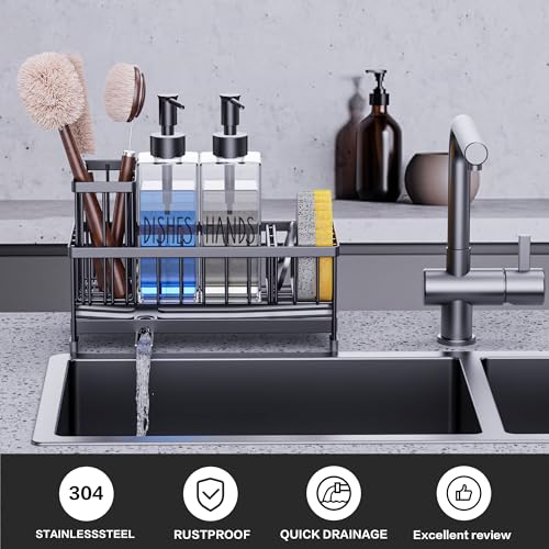 Cisily Kitchen Soap Dispenser Set with Sink Caddy, Glass Bottle, Hand and Dish Soap Dispenser Set with Sponge Holder (Clear Bottles + Black Sponge Holder) by Cisily - Image 3