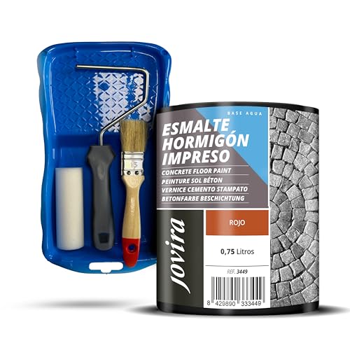 JOVIRA PINTURAS Resina-Esmalte Hormigón Impreso + Minicubeta, 2 Rodillo Antigota, Varilla y Paletina. (750 Mililitros, Rojo + Minikit Esmalte) I-5-K