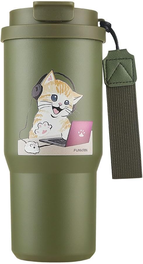 Funkrin Insulated Coffee Mug with Straw & Flip Lid, 24oz Tumbler Cup with Ceramic Coating, Double Wall Vacuum Leak-Proof Travel Mug wiht Tea Infuser for Office School Party Camping