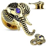 Earrings Rings Faux Sapphire Gold IP Elephant Top Screw Fit Flesh Plug Tunnel 8g