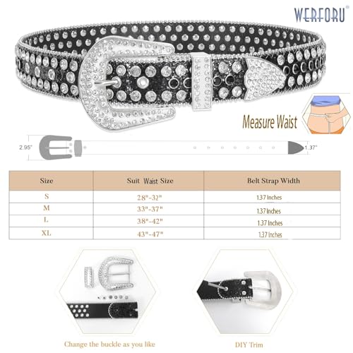 Image of WERFORU Women Men Western Rhinestone Studded Leather Belt Unisex Bling Cowgirl Cowboy Waist Belt for Jeans Pants Dress