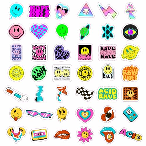 Image of 100Pcs Rave Stickers for Water Bottle and Laptop - Trippy Stickers, Psychedelic Party Favors & Decorations, Waterproof Vinyl Festival Decals, Gifts for Women & Men