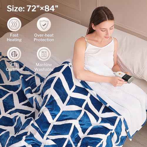 VENTIMI Electric Blanket Heated Throw, 72" x 84" Heated Blanket with 9 Heat Levels & 2 to 10 Hours Auto Off, Fast Heating Blankets with ETL & FCC Certification, Navy
