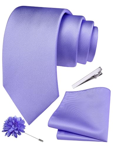 Image of Branduce 3.15 inch(8cm) Solid Formal Tie and Pocket Square Plain Necktie Lapel Pin and Tie Clip Set for Men