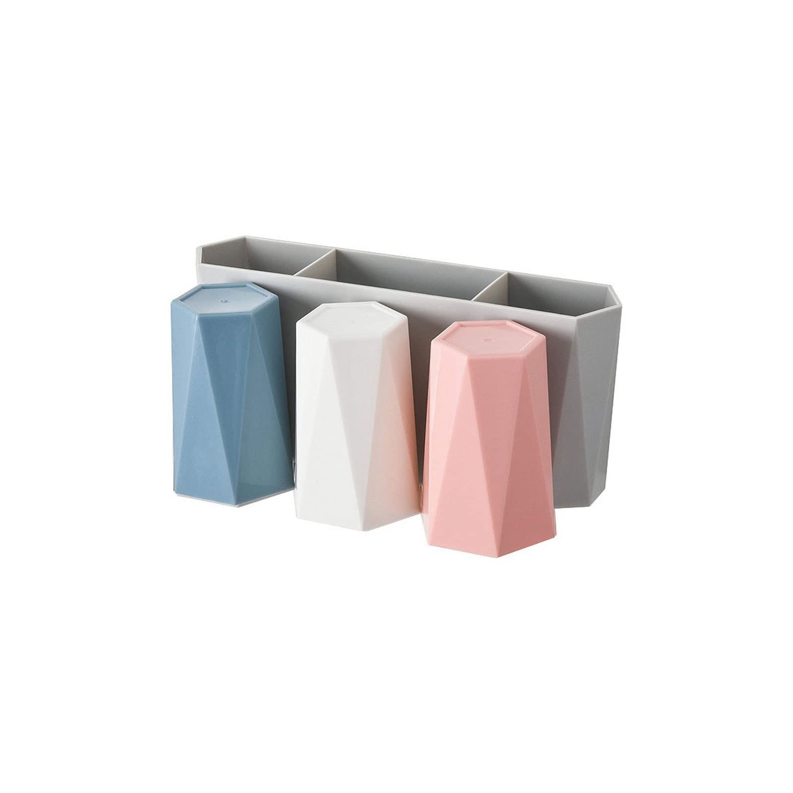 JINGYAN Toothbrush Holders Wall-suction Creative Three-cup Set Toothbrush Cup Rack Bathroom Storage Mouthwash Solid Color Wash Holder(A)