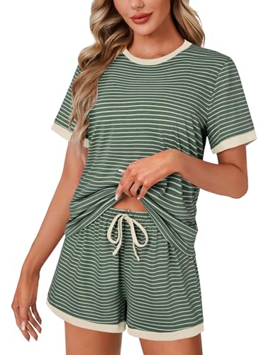 Image of LYANER Pajama Set for Women 2 Piece Lounge Set Striped Crew neck Short Sleeve Tops and Shorts Soft Sleepwear