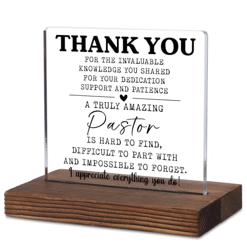 PQUCXZ Thank You Pastor Gift – Acrylic Desk Plaque with Appreciation Message, Rustic Wood Base Sign for Pastor Anniversary, Retirement, Farewell or Clergy Appreciation Day Office Decor TKA123