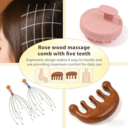 Image of Hair Massager, 4 Piece Scalp Massager Set, Octopus Design with Sandalwood Comb and Pink Straw Comb, Head Massager for Relaxation, Stress Relief and Improved Scalp Care