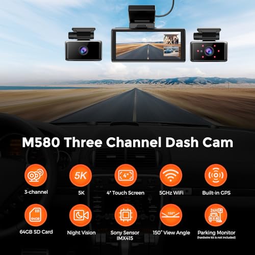 XRC TECH Câmera de painel de 3 canais 5K 2160P DVR para carro frontal + interna + câmera traseira Wi