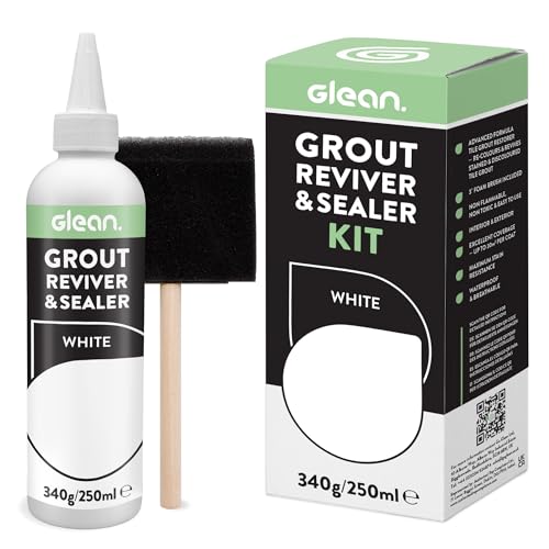 GLEAN Grout Reviver & Sealer | WHITE | 340g | Restore, Repair, Renew Tile Grout | Includes Foam Brush | Stain Resistant, Breathable Grout Cleaner | Bathroom, Shower & Kitchen Tile Grout