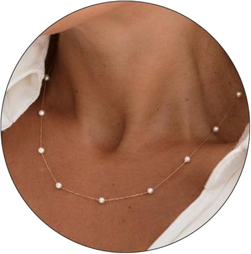 TOSGMY Collares de perlas para mujer, gargantilla de perlas chapadas en oro de 14 quilates, collar de perlas de imitación hecho a mano, collar de