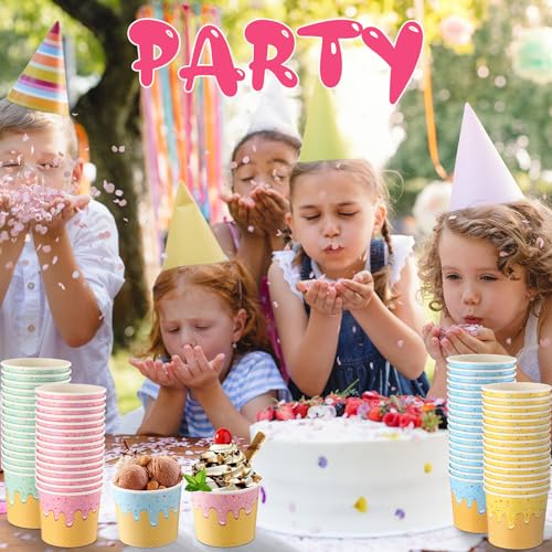 Image of 100 Pcs 6 oz Ice Cream Cups Paper Disposable Dessert Bowls Paper Ice Cream Sundae Bowls Bulk Dessert Cups Yogurt Snack Soup Containers for Cold or Hot Food Summer Birthday Party Supplies
