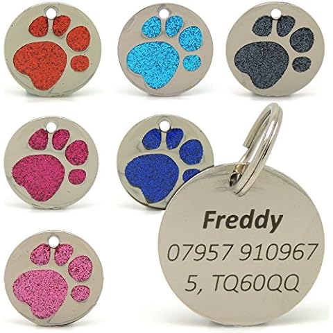 Personalised Engraved 25mm Glitter Paw Print Tag BOLD BLACK LETTERING Dog Cat Pet ID Tags (Pink) Cover
