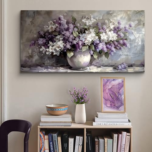 SERIMINO Large Wall Art for Living Room, Still Life Flowers Canvas Prints, Purple Floral Botanical Decor Paintings, Modern Aesthetic Pictures Wall Decor, Farmhouse Kitchen Artwork 30"X60"