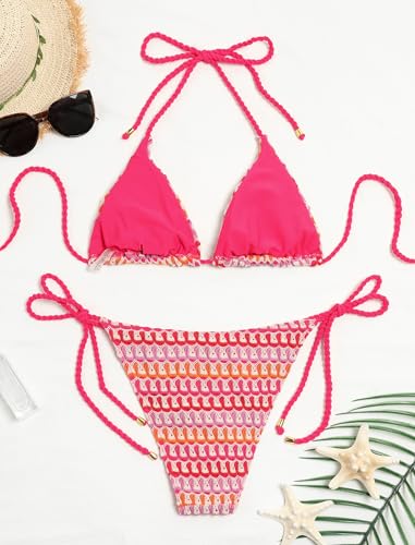 Image of ZAFUL 2 Piece Triangle Bikini for Women Knitted Rope Halter Bikini Sets Sexy Bathing Suit Side Tie Swimsuits Beachwear