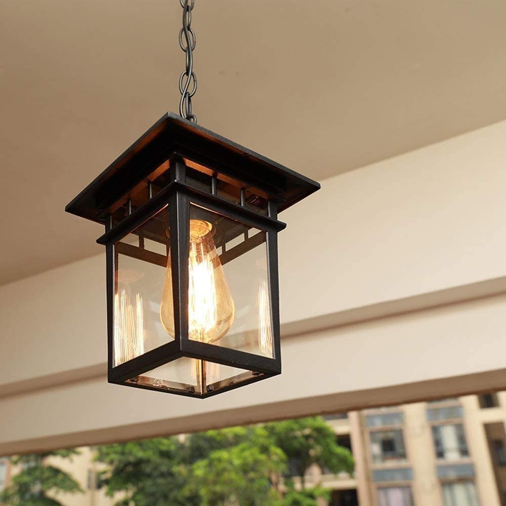 Lámpara colgante vintage de exterior con cristal negro decorativo para terrazas y pabellones