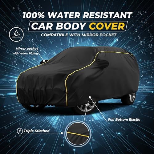 Image of Sulfar 100% Water Resistant Car Body Cover Compatible with Mirror for Toyota Urban Cruiser Tiasor(Breeza) (Triple Stitched, Full Bottom Elastic, Black Tafetta with Yellow Piping)