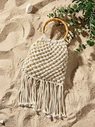 Bolso Tote de cuerda de algodón tejido a mano con flecos miniatura 6