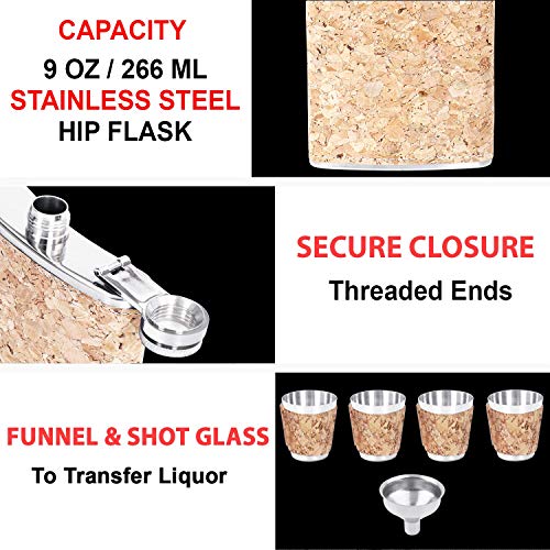 Image of Stainless Steel Hip Flask with Funnel & 4 Shot Glass for Men & Women, 9 oz (266 ml) Wine Whiskey Vodka Alcohol Drinks Pocket Bottle Beverage Holder (AR3025)