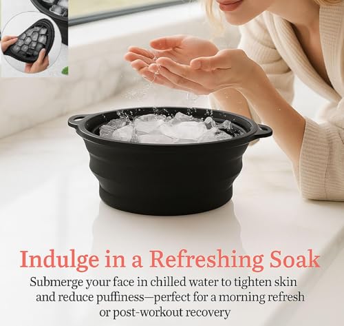 Image of Eitheo Silicone Face Ice Bowl with Built-in Ice Tray | Collapsible Facial Ice Bath Bowl for Skin Tightening & Puffiness | Portable Foldable Skincare Ice Plunge Tub (Black)
