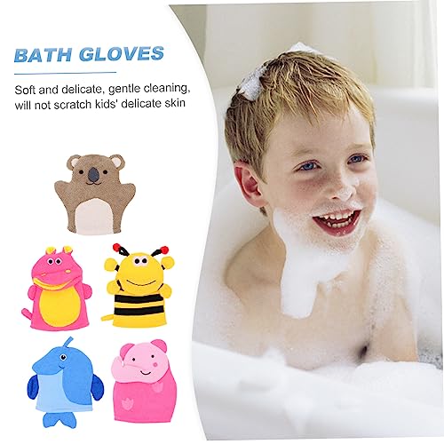 Image of Kids Bath Gloves 5 Pcs Cartoon Animal Shape Bath Mitts Soft Exfoliating Wash Mitts for Children Gentle Skin Cleaning Travel and Daily Use