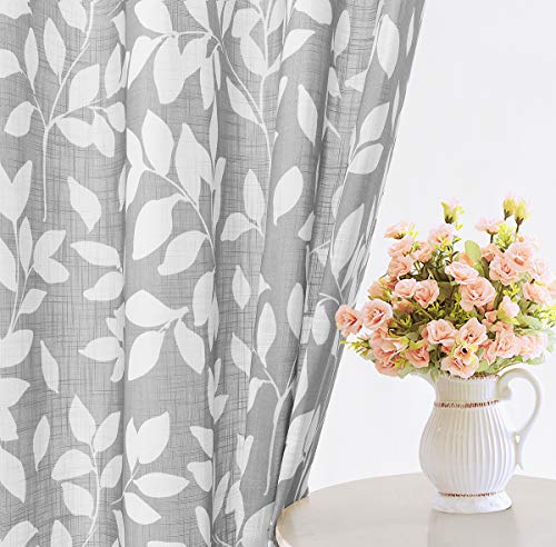 Image of Treatmentex White and Grey Curtains for Bedroom 54 inch Long Leaf Print Curtains for Windows Semi-Sheers, Grommet Top, 2 Panels