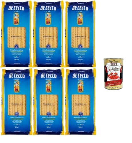 De Cecco Mafaldine n2 Pasta aus Hartweizengrieß 6 x 500 g langsam getrocknet raue Bronze-Textur für Saucehaftung original italienische Qualitätsnudeln + Italian Gourmet polpa