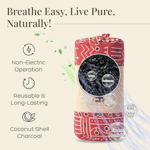Image of Activated Charcoal Air Purifier, Non-Electric, Coconut Shell Charcoal, Odor & Moisture Absorber, Air Freshener for Home, Car, Reusable & Long-Lasting, 400 Gm (Rustic Red)