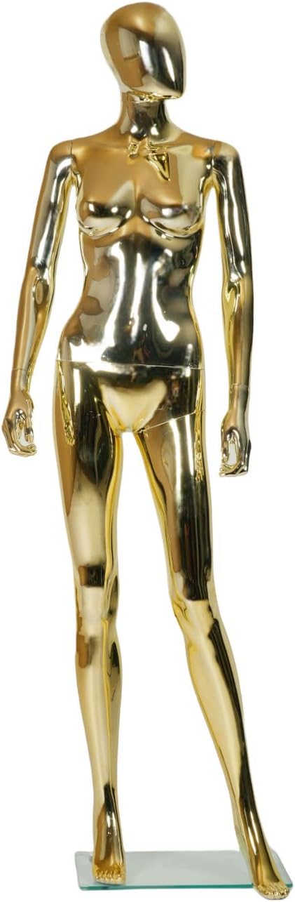 Female Full Body Dress Form Mannequin with Head & Straight Arms – 68" Tall – Gold – Plastic Torso with Detachable Parts & Metal Base Stand